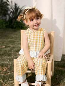 Cozy Pixies Baby Girl Colorblock Floral Trim Sleeveless Cardigan Top And Elastic Waist Pants 2 Pieces Set,Kids - Yellow - View 4