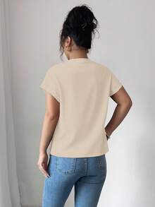 Elenzga Camiseta de mujer de cuello redondo negro de manga corta con perlas de burbujas - Albaricoque - Ver 2