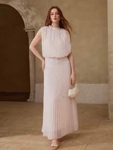 MOTF PREMIUM 女士长款A字连衣裙，褶皱波点印花，春夏款 - 粉色 - 查看 4