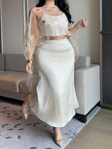 Dazy Plus 大码女式薄纱蕾丝圆领不对称斗篷派对上衣/衬衫 - 金色 - 查看 5