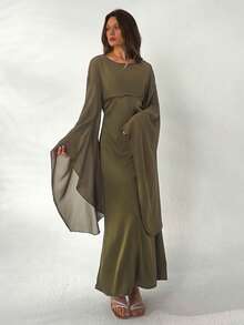Aloruh Women's Glamorous Elegant Olive Green Autumn Party Night Chiffon Batwing Sleeve Satin Bias Skirt Maxi Dress - Khaki - View 5