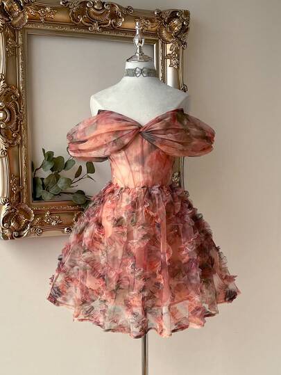 Lovelzi Elegante vestido de princesa de tul con estampado floral romántico de malla multicolor con hombros descubiertos y cintura ajustable, adecuado para citas, vacaciones, fiestas de solteros, regreso a la escuela, compras, té de la tarde, para mujeres de estatura baja