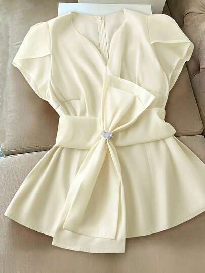 GlowEve CURVE Plus Size Crossed Short Sleeve Elegant Bowknot Blouse For Women, Spring/Summer