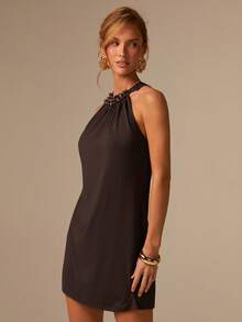 COSMINA Đầm ngắn không tay ôm sát, thanh lịch dành cho nữ, đính ngọc trai, đa năng cho đi làm, công sở, du lịch, phong cách boho, đi biển, đám cưới, hẹn hò, mùa xuân. - màu nâu - Xem 6