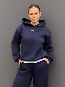 Kuleshova 女士秋冬新款保暖休闲宽松连帽衫和运动裤两件套，海军蓝 - 藏蓝色 - 查看 6