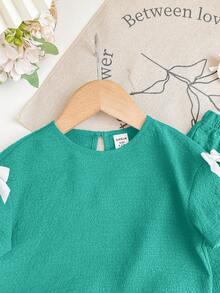 Babygirl Cute Green Bow Knit Short Sleeve T-Shirt & Elastic Waist Pants Set, Summer - Black - View 5