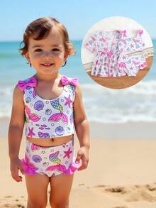 3件套女婴美人鱼图案卡通泳衣套装，沙滩度假 - 彩色 - 查看 7