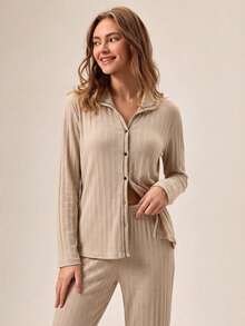 Loomlin 2pcs/Set Sleepwear Pajama Set With Contrast Color Collar And Hemline, Decorated With Ribbed And Sewing Thread Lines - Apricot - View 4