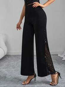 SHEIN Tall CURVE 大码水钻装饰休闲裤 - 黑色 - 查看 2