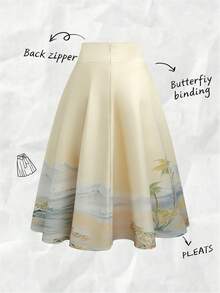 Olithes Women's High Waist Elegant Fashion Versatile Draping High-End Chinese Style Landscape Painting Print Tie Waist Skirt - Khaki - View 2