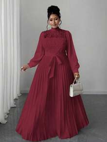 Maweii 大码女士优雅拼接收腰长裙 - 酒紅色 - 查看 4