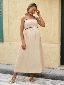 SHEIN Pregnant Women's Elegant Vacation Style Shell Trim Camisole Dress - Apricot - View 5
