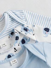 SHEIN Playful Pals 3 Pack Baby Boys Cute Casual Outfits Cartoon Elephant Animal Graphic Print Blue White Striped Pattern Solid Color Long Sleeve Envelope Neck Bodysuits Romper One Piece Jumpsuit Tops Soft Stretchy Infant Daily Playwear Clothes Shower Gift Spring Autumn - Baby Blue - View 3