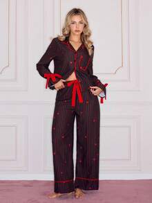 SweetSlumber 条纹爱心印花翻领开衫蝴蝶结长袖女士睡衣套装 - 彩色 - 查看 3