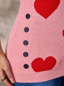 EMERY ROSE Plus Size Women Heart Pattern Button Decor Casual Pullover Sweater, Suitable For Autumn/Winter, Valentine's Day - Pink - View 7