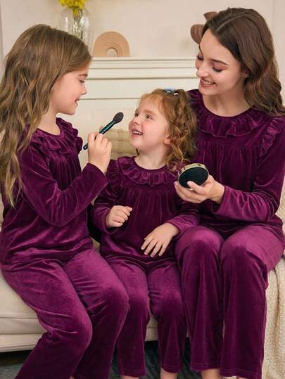 Baby Girls Pajamas-2 Pieces Pajama Set Plum Ruffle Collar Long Sleeve Top Long Pants Two Pieces Sleepwear Nightwear Cozy Warm All Season Holiday 2026 Essential Cute Princess Loungewear Gift Perfect For Bedtime Photos Playdate Nursery Everyday