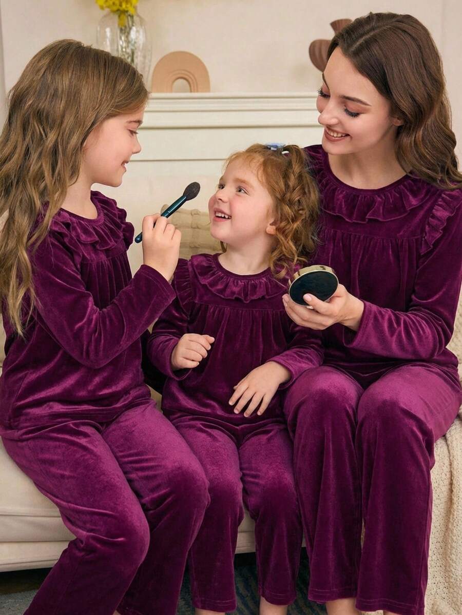 Baby Girls Pajamas-2 Pieces Pajama Set Plum Ruffle Collar Long Sleeve Top Long Pants Two Pieces Sleepwear Nightwear Cozy Warm All Season Holiday 2026 Essential Cute Princess Loungewear Gift Perfect For Bedtime Photos Playdate Nursery Everyday