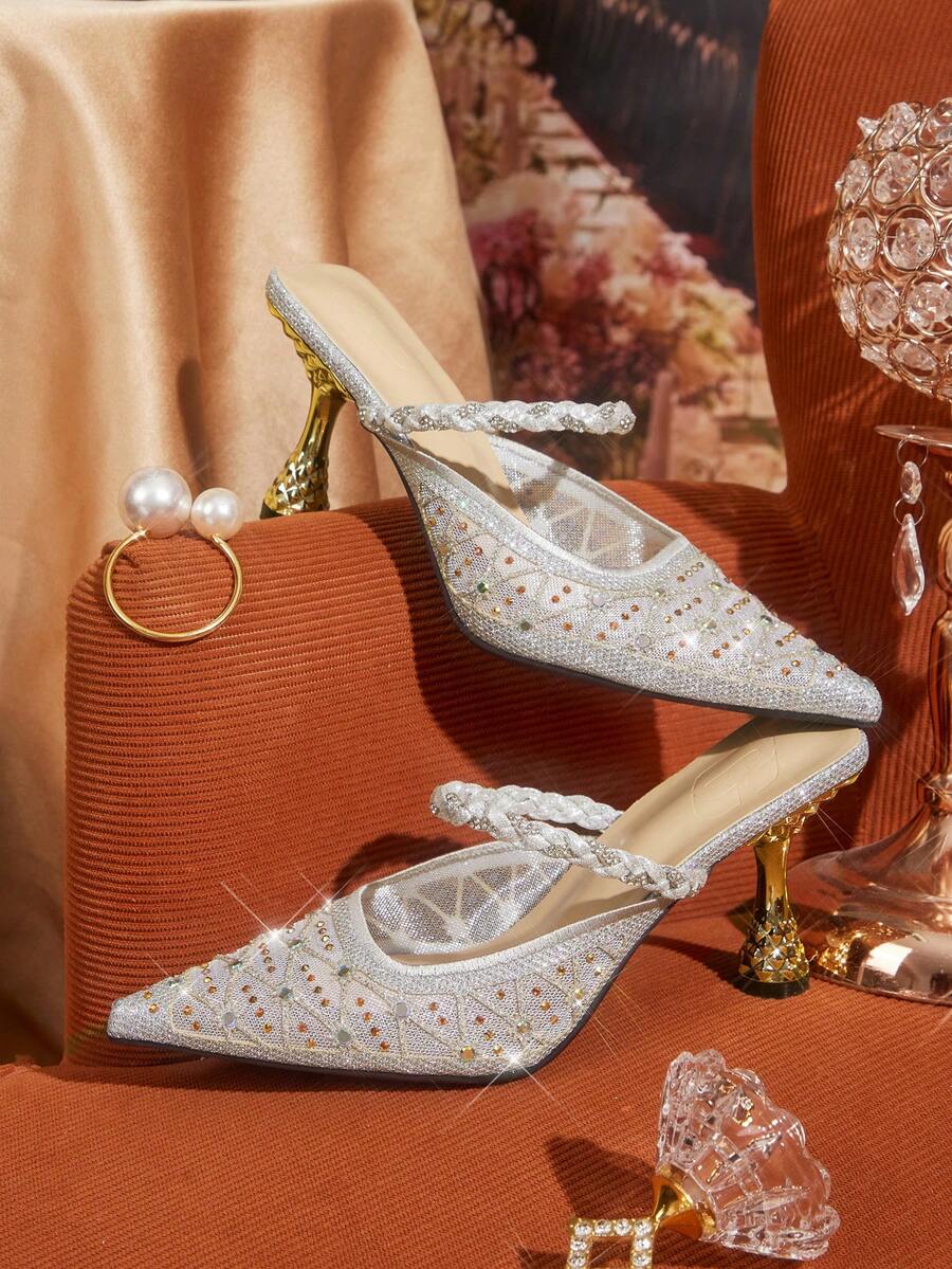 CUCCOO TILAWA 女士网面镶钻尖头细高跟凉鞋,优雅时尚夏季正式场合鞋履,性感细高跟设计,透气高跟,露后跟,适合夜间外出、派对等场合。 - 銀色 - 查看 1