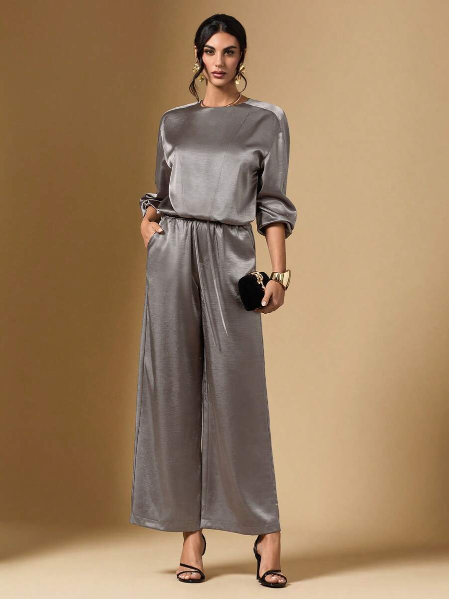 Briarwyn Autumn 2pcs Women Solid Color Satin Round Neck Top And Wide Leg Pants With Slant Pockets Set Party Night Light Grey Elegant Office Dinner Bar Party - Grey - View 1