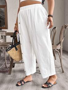 EMERY ROSE 大码纽扣装饰休闲度假日常纯棉高腰修身女裤 - 白色 - 查看 5