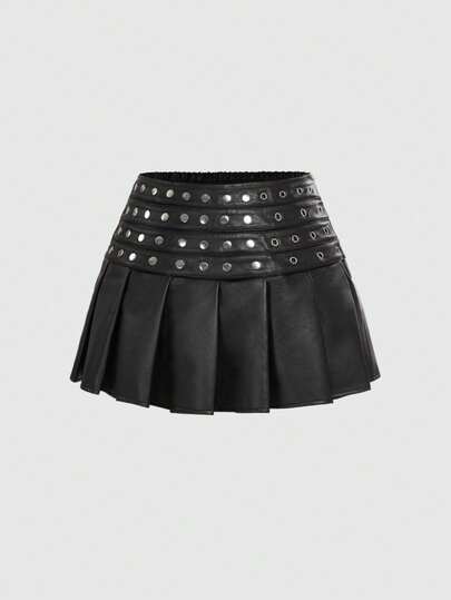 ROMWE Grunge Punk Plus Size Summer Fashionable Street Style Eyelet Pleated Skirt