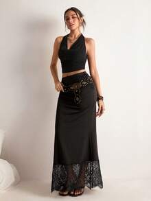 Freevana 波西米亚风黑色高弹蕾丝拼接半身裙，高腰垂褶镂空花卉图案修身包臀裙，复古优雅百搭办公室美人鱼裙 - 黑色 - 查看 5