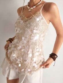 Freevana Women's Fashion Lace Trim Sequin Camisole For Summer - Apricot - View 3