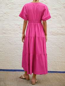 Maija Vestido midi de mujer casual con parches de encaje, fruncido, de manga corta y abotonadura sencilla, adecuado para primavera y vacaciones, estilo bohemio - Rosa Fucsia - Ver 6