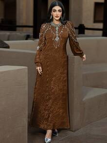 Layrah Coffee Color Jacquard Embroidered Rhinestone Embellished Long Sleeve Arabic Style Dress Luxury Dress For Women  Modest Full Length Jalabiya, Casual Long Sleeve Maxi Dress - Coffee Brown - View 7