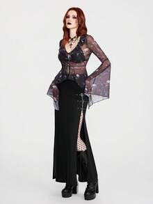 Women's Gothic Style Sexy Mesh Rose Skull Print Patchwork Frill Trim Asymmetrical Hem Button Up Cropped Cardigan Top Gothic Summer Clothes Witchy Top Sheer Black Top Gothic Women Clothes Gothic Top Gothic Blouse Sheer Tops For Women Gothic Clothing For Women Blouses For Women - Black - View 3