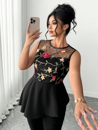 Elenzga Plus Size Women Mesh Embroidered Tank Top, French Vintage Dark Rose, Sleeveless Mesh Embroidered Top, Black Base Red Rose Embroidered Sleeveless , Waist Cinching Mesh Patchwork Slim Fit Tank Top, Suitable For Valentine's Day Date, Small Gatherings, Afternoon Tea