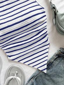 Soleia Women's Vacation Black & White Knit Textured Asymmetric Twist Bust Ruffle Hem Bodycon Mini Dress - Blue and White - View 3