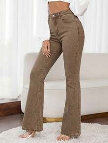 SHEIN LUNE Women's Solid Color High-Rise Raw Hem Flare Jeans - Coffee Brown - View 4