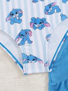 SHEIN GraphicGems Young Girls' Knitted Rabbit Print One-Piece Swimsuit With Shoulder Straps And Ruffle Design, Fashionable And Cute For Holiday, Swimming, Summer Beach - Blue - View 4