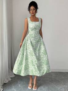 Rafferiza Đầm không tay xếp nếp họa tiết hoa màu xanh dương kiểu Pháp dành cho nữ, thích hợp cho kỳ nghỉ. - xanh xám - Xem 3