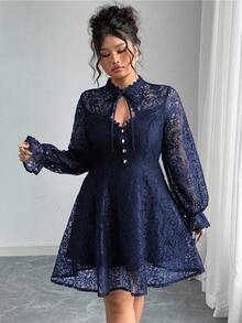 Elenzga Đầm ren dài tay thanh lịch dành cho nữ cỡ lớn, thích hợp cho tiệc tùng. - Màu xanh hải quân - Xem 6