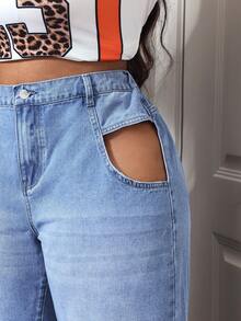 Slaydiva Jeans anchos de pierna ancha, de cintura suelta, de moda casual y de uso diario para mujer de talla grande - Lavado ligero - Ver 7