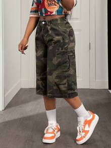 Slaydiva Women's Casual Camouflage Denim Capri Pants - Army Green - View 3