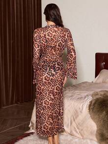 Slumberist Sexy Deep V-Neck Leopard Print Long Tie Waist Robe - Multicolor - View 2