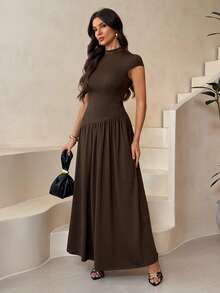 SHEIN Tall 女士纯色立领泡泡袖褶裥长款休闲连衣裙，夏季棕色连衣裙 - 棕色 - 查看 3