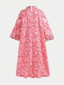 SHEIN Tween Girl Blue-Green Retro Print Loose A-Line 3/4 Sleeve Side Slit Long Robe Tween Girl - Pink - View 5
