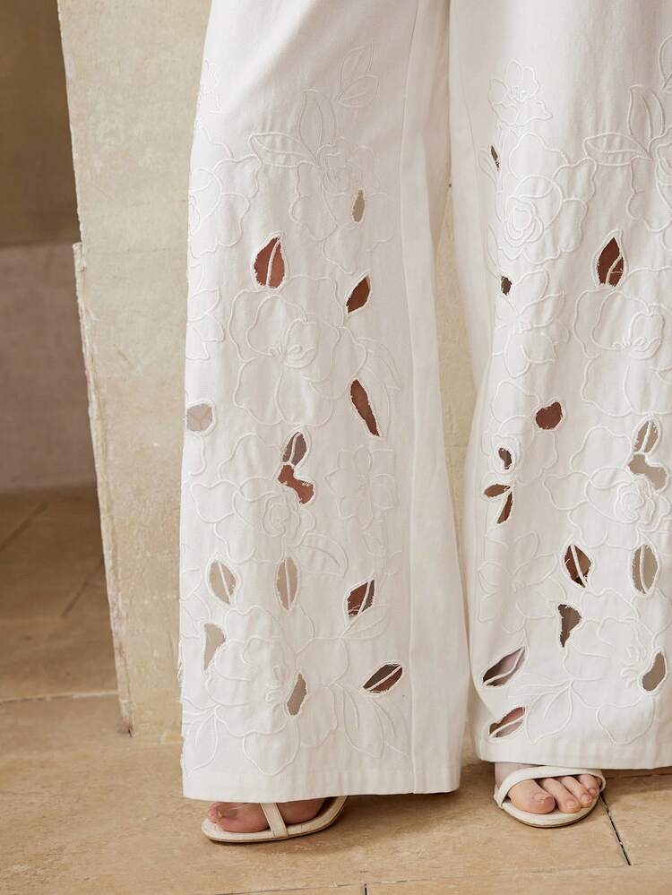 WOMEN'S SPRING/SUMMER COTTON HOLLOW-OUT EMBROIDERED WIDE LEG PANTS