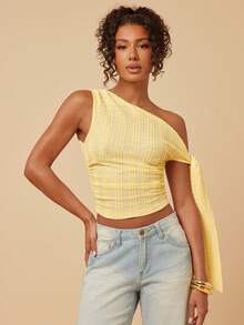 Travachic Women's Fashion Asymmetric-Shoulder Knit Cropped Top, Summer - Yellow - View 4