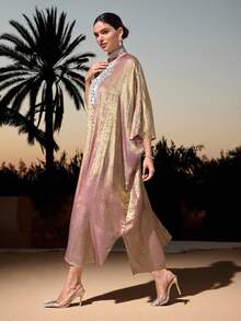 Al Najma Gaun Panjang Tradisional Wanita Elegan untuk Liburan, Lengan Kelelawar Longgar, Motif Patchwork, Pita, dan Rumbai, Musim Semi/Musim Gugur - Kuning - View 3