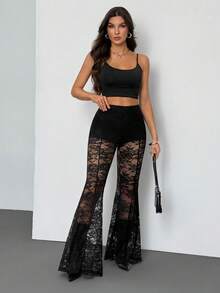 SHEIN Tall Quần ống loe ren xuyên thấu màu đen gợi cảm dành cho nữ, thích hợp cho các buổi tối đi chơi/tiệc rave/club/tiệc độc thân/tiệc theo chủ đề/phong cách thập niên 70/quần đen. - màu đen - Xem 6