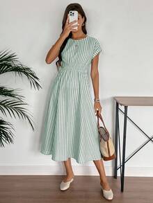 EMERY ROSE Women's Fresh Striped Round Neck Short Sleeve Dress Green