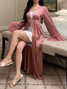 DAZY Charming Lace Patchwork Ruffle Hem Waist Cinched Long Women Robe - Pink - View 6