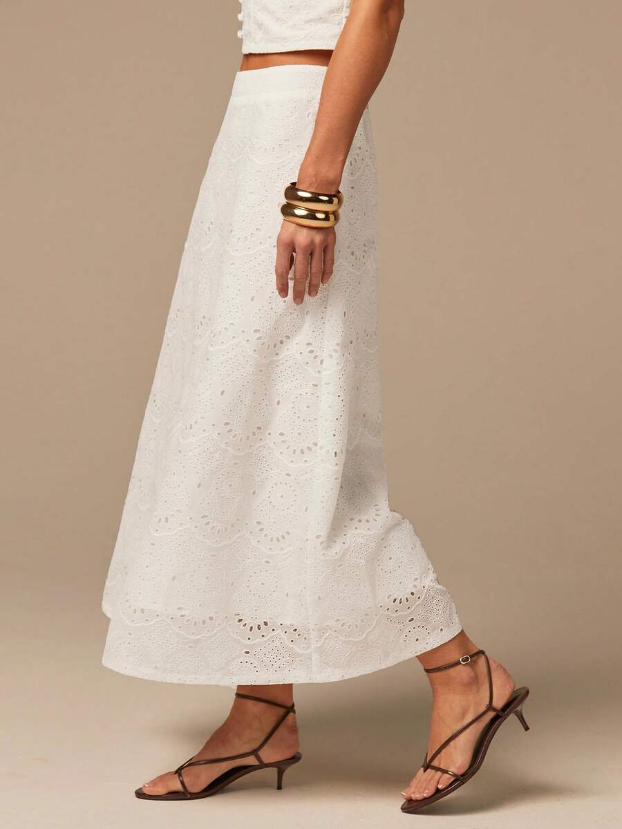 COSMINA 2件套女士优雅波西米亚风柔软百搭半身裙，适合度假、约会、情人节、工作场合，纯色雪纺半身裙，白色长裙，女士长款半身裙，蕾丝长款半身裙，夏季长裙，半身裙 - 白色 - 查看 1