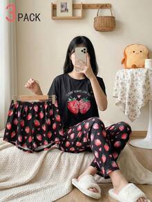 3pcs/Set Teen Girls Cute Avocado Print Pajama Set Includes Long Pants, Shorts, And Short Sleeve Top - Multicolor - View 5
