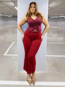 MelDlgn 大码女装秋冬办公室通勤优雅休闲街头宽腰合身喇叭裤教师裤女长裤 - 酒紅色 - 查看 4